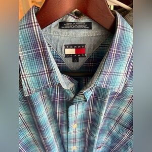 Vintage Tommy Hilfiger 90s Blue & White Plaid Short Sleeve Button Down Mens L